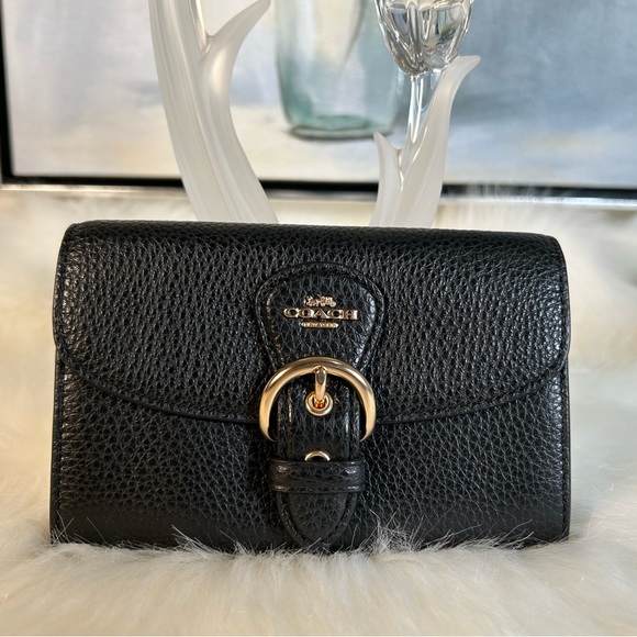 Coach Handbags - NEW COACH KLEO Pebbled Leather Flap Zip Coin Med Wallet In Black Gold Tone